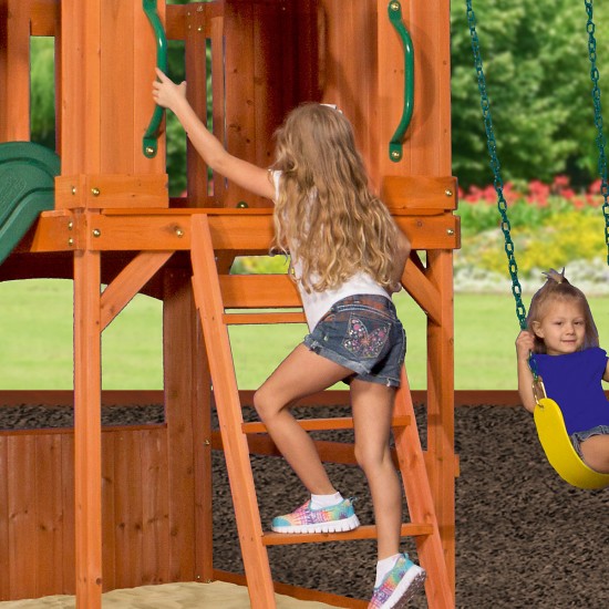 Complex de Joaca din lemn de cedru Atlantis PLAY- Centru outdoor pentru copii cu tobogan si 2 nivele Atlantic Playset Backyard Discovery 