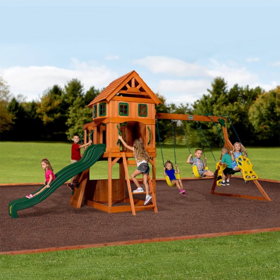 Complex de Joaca din lemn de cedru Atlantis PLAY- Centru outdoor pentru copii cu tobogan si 2 nivele Atlantic Playset Backyard Discovery 