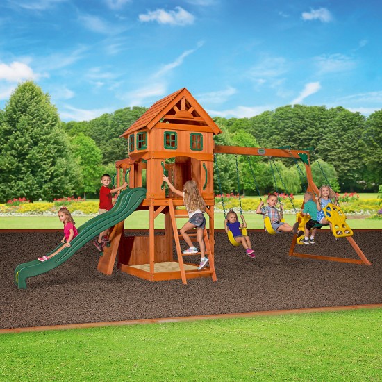 Complex de Joaca din lemn de cedru Atlantis PLAY- Centru outdoor pentru copii cu tobogan si 2 nivele Atlantic Playset Backyard Discovery 