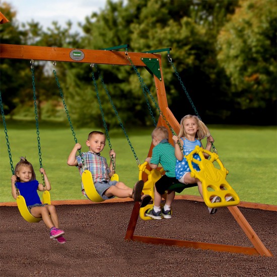 Complex de Joaca din lemn de cedru Atlantis PLAY- Centru outdoor pentru copii cu tobogan si 2 nivele Atlantic Playset Backyard Discovery 