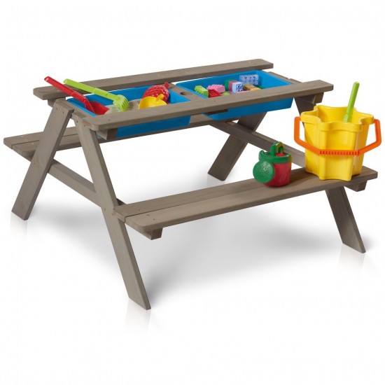 Masuta cu Bancute din lemn si Cutie cu Nisip - Bancuta cu Masuta Picnic si Activitati 2 in 1 cu recipente pentru nisip si apa