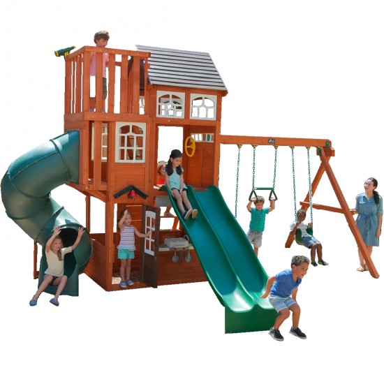 Complex de joaca din cedru Copper Ridge KidKraft - Centru cu trei tobogane si 3 nivele - Cedar Summit PlayCentre