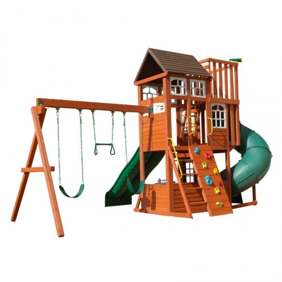 Complex de joaca din cedru Copper Ridge KidKraft - Centru cu trei tobogane si 3 nivele - Cedar Summit PlayCentre