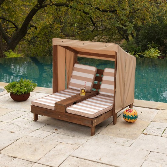 Sezlong Espresso Oatmeal din lemn de plaje cu doua locuri pentru copii cu suport de pahare - Double Chaise Lounge Espresso Kidkraft 