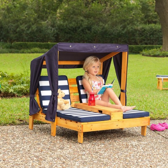 Sezlong Navy din lemn de plaje cu doua locuri pentru copii cu suport de pahare - Double Chaise Lounge Navy Kidkraft 
