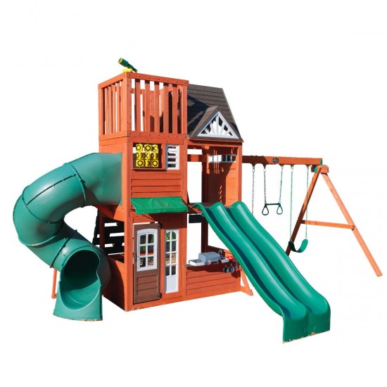Complex de joaca din cedru PlaySet Cedar Summit Hill Top KidKraft - Centru cu trei tobogane si 3 nivele Play Centre