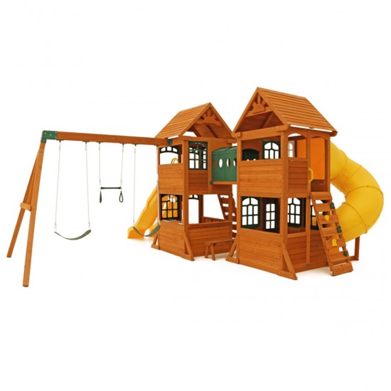 Complex de joaca din cedru Kings Bridge Playset KidKraft - Centru cu trei tobogane si 2 nivele - Cedar Summit PlayCentre