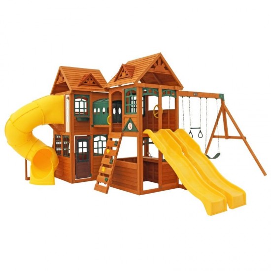 Complex de joaca din cedru Kings Bridge Playset KidKraft - Centru cu trei tobogane si 2 nivele - Cedar Summit PlayCentre