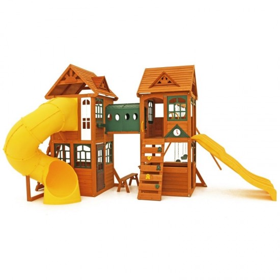 Complex de joaca din cedru Kings Bridge Playset KidKraft - Centru cu trei tobogane si 2 nivele - Cedar Summit PlayCentre