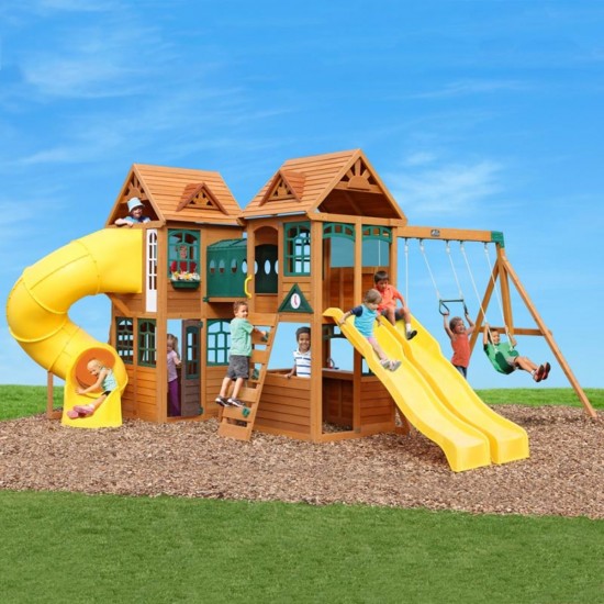 Complex de joaca din cedru Kings Bridge Playset KidKraft - Centru cu trei tobogane si 2 nivele - Cedar Summit PlayCentre