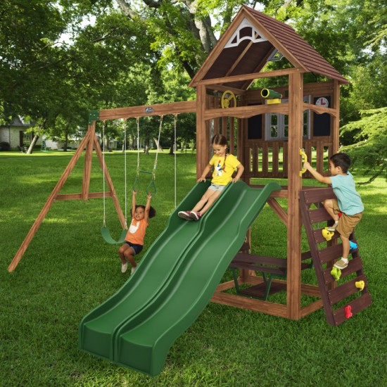 Complex de joaca Lindal Deluxe PlaySet  KidKraft din lemn - Centru pe 2 nivele din cedru cu leagane si doua tobogane 