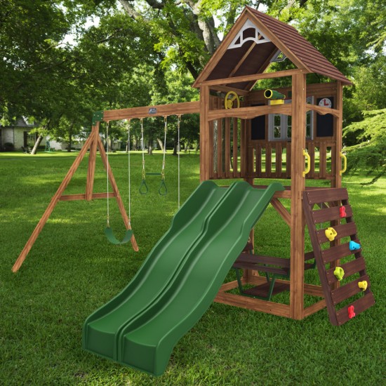 Complex de joaca Lindal Deluxe PlaySet  KidKraft din lemn - Centru pe 2 nivele din cedru cu leagane si doua tobogane 
