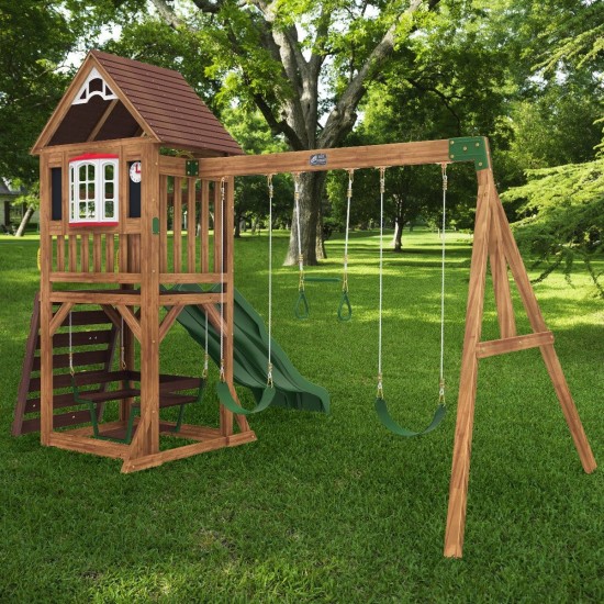Complex de joaca Lindal Deluxe PlaySet  KidKraft din lemn - Centru pe 2 nivele din cedru cu leagane si doua tobogane 