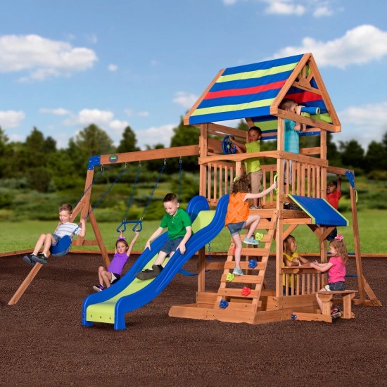 Complex de Joaca Beach Front - Northbrook Wooden Swing din lemn de cedru - Centru din lemn cu tobogan si 2 nivele si Monkey Bars Backyard Discovery 
