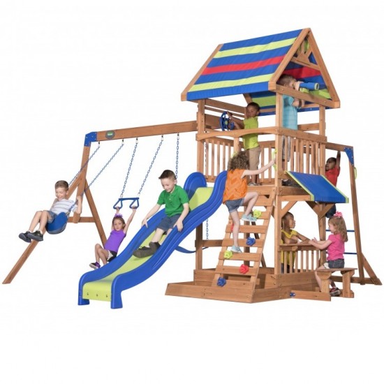 Complex de Joaca Beach Front - Northbrook Wooden Swing din lemn de cedru - Centru din lemn cu tobogan si 2 nivele si Monkey Bars Backyard Discovery 