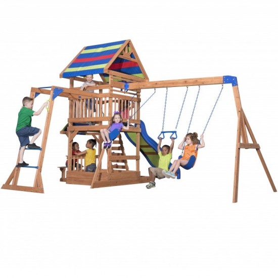 Complex de Joaca Beach Front - Northbrook Wooden Swing din lemn de cedru - Centru din lemn cu tobogan si 2 nivele si Monkey Bars Backyard Discovery 