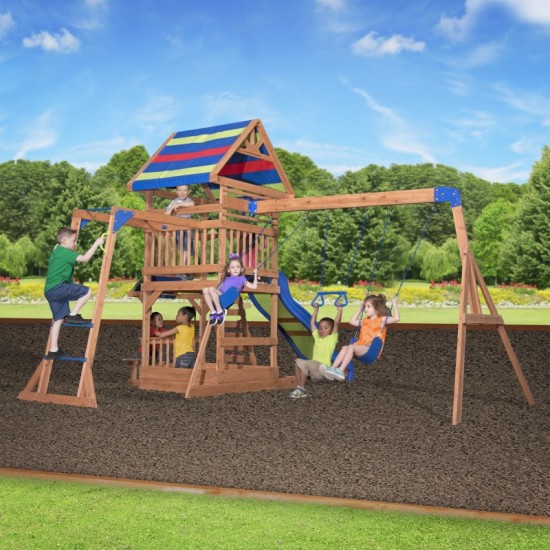 Complex de Joaca Beach Front - Northbrook Wooden Swing din lemn de cedru - Centru din lemn cu tobogan si 2 nivele si Monkey Bars Backyard Discovery 
