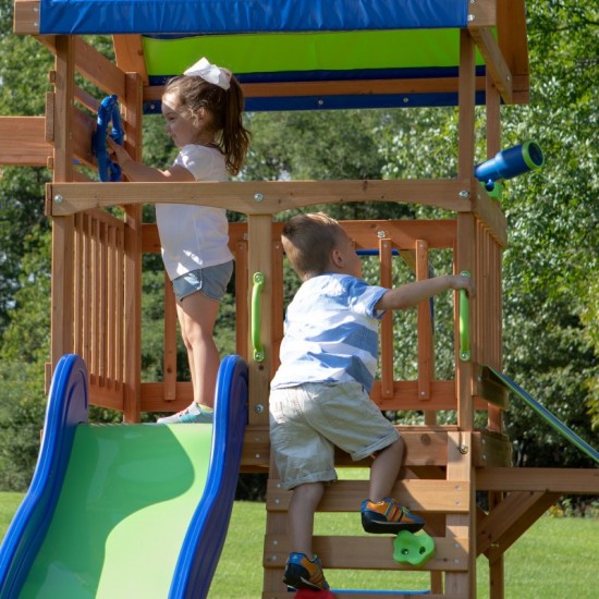Complex de Joaca Beach Front - Northbrook Wooden Swing din lemn de cedru - Centru din lemn cu tobogan si 2 nivele si Monkey Bars Backyard Discovery 