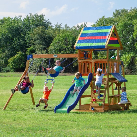 Complex de Joaca Beach Front - Northbrook Wooden Swing din lemn de cedru - Centru din lemn cu tobogan si 2 nivele si Monkey Bars Backyard Discovery 
