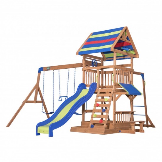 Complex de Joaca Beach Front - Northbrook Wooden Swing din lemn de cedru - Centru din lemn cu tobogan si 2 nivele si Monkey Bars Backyard Discovery 