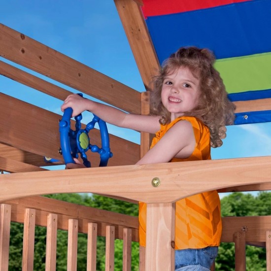 Complex de Joaca Beach Front - Northbrook Wooden Swing din lemn de cedru - Centru din lemn cu tobogan si 2 nivele si Monkey Bars Backyard Discovery 