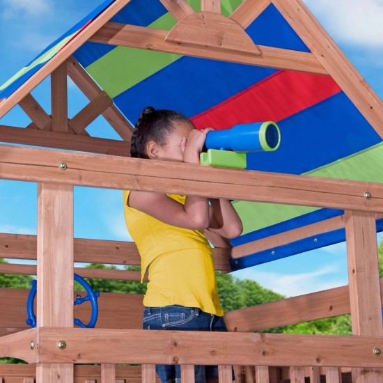 Complex de Joaca Beach Front - Northbrook Wooden Swing din lemn de cedru - Centru din lemn cu tobogan si 2 nivele si Monkey Bars Backyard Discovery 