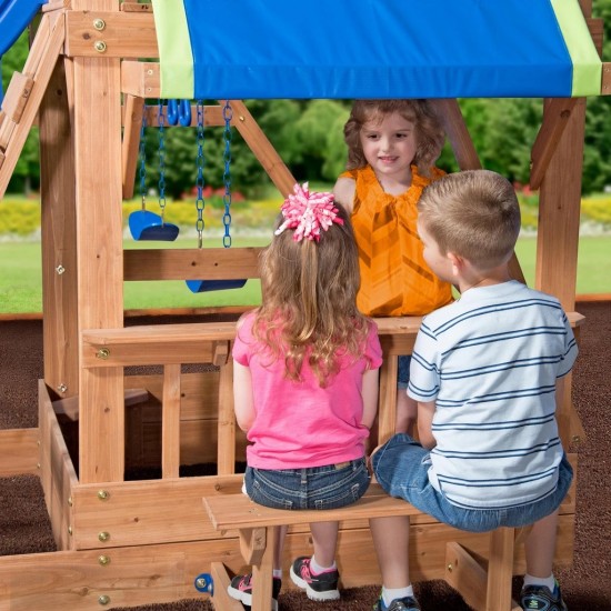 Complex de Joaca Beach Front - Northbrook Wooden Swing din lemn de cedru - Centru din lemn cu tobogan si 2 nivele si Monkey Bars Backyard Discovery 