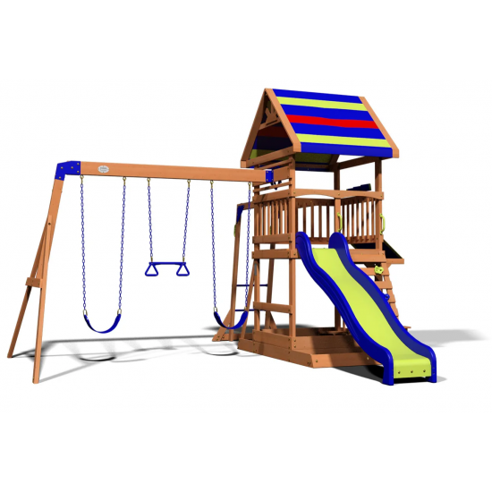 Complex de Joaca Beach Front - Northbrook Wooden Swing din lemn de cedru - Centru din lemn cu tobogan si 2 nivele si Monkey Bars Backyard Discovery 