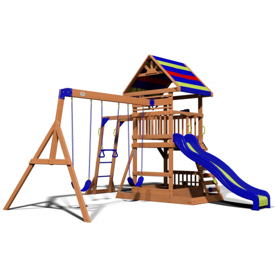Complex de Joaca Beach Front - Northbrook Wooden Swing din lemn de cedru - Centru din lemn cu tobogan si 2 nivele si Monkey Bars Backyard Discovery 