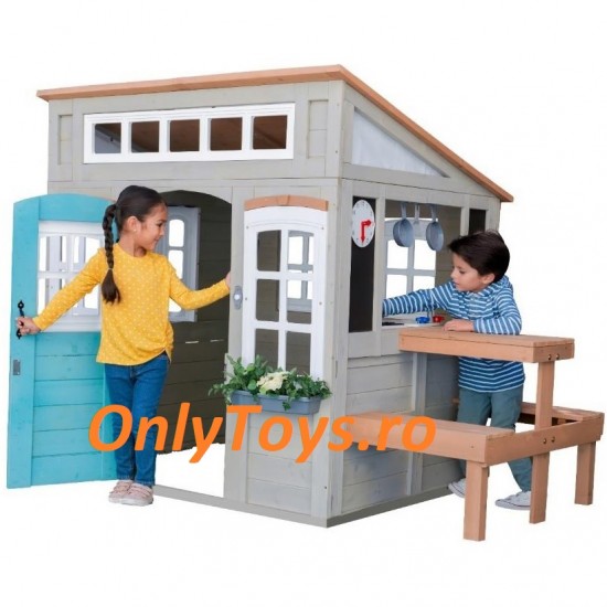 Casuta de joaca din lemn pentru copii pentru exterior Preston Cottage PlayHouse Kidkraft cu sunete si lumini si accesorii incluse