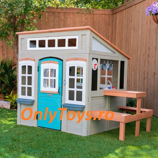 Casuta de joaca din lemn pentru copii pentru exterior Preston Cottage PlayHouse Kidkraft cu sunete si lumini si accesorii incluse