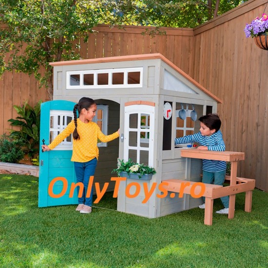 Casuta de joaca din lemn pentru copii pentru exterior Preston Cottage PlayHouse Kidkraft cu sunete si lumini si accesorii incluse