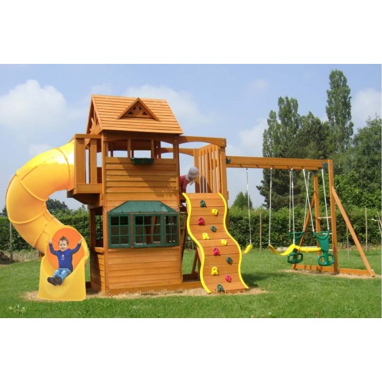 Complex de joaca din cedru SandPoint Deluxe- Centru cu tobogan elicoidal  si 2 nivele - Big Backyard PlayCentre