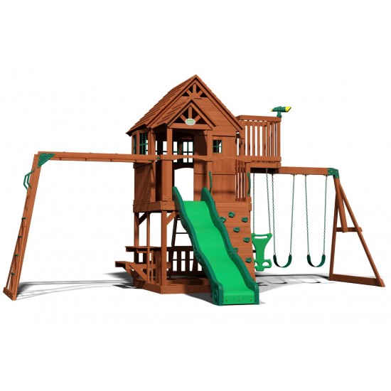 Complex de Joaca din cedru SkyFort II Wooden Swing Set - Centru cu tobogan si 3 nivele - Backyard Discovery
