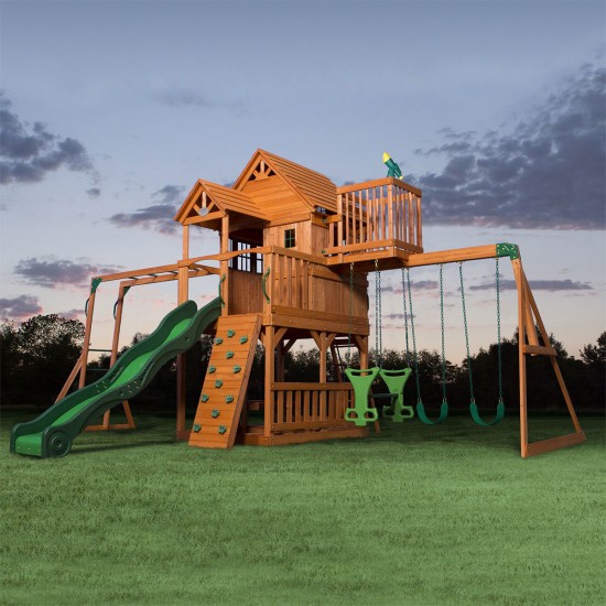 Complex de Joaca din cedru SkyFort II Wooden Swing Set - Centru cu tobogan si 3 nivele - Backyard Discovery
