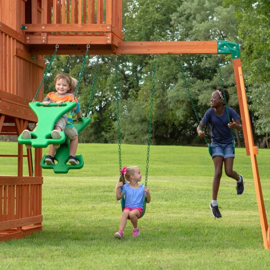 Complex de Joaca din cedru SkyFort II Wooden Swing Set - Centru cu tobogan si 3 nivele - Backyard Discovery