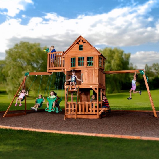 Complex de Joaca din cedru SkyFort II Wooden Swing Set - Centru cu tobogan si 3 nivele - Backyard Discovery
