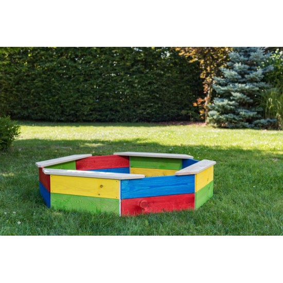 Spatiu de joaca cu nisip colorat Hexagonal  - Lada cu nisip din lemn pentru gradina cu acoperis de protectie WoodyLand