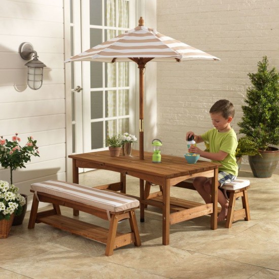 Set masuta copii cu bancute perne si umbrela - Oatmeal Canopy Kidkraft