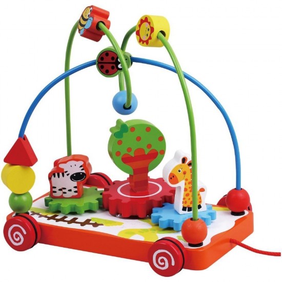 Jucarie din lemn de tras cu labirint si platforma cu animale Zoo rotative