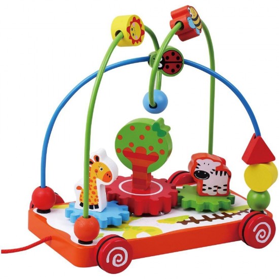 Jucarie din lemn de tras cu labirint si platforma cu animale Zoo rotative