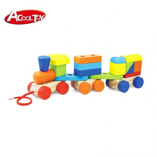 Trenulet din lemn cu cuburi colorate de tras- My First Train Acooltoy