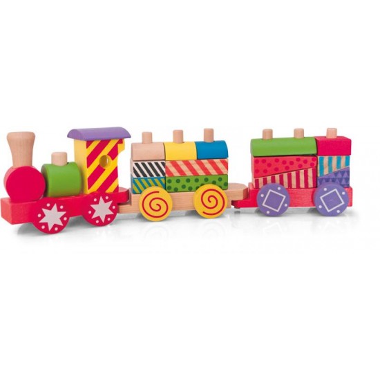 Trenulet haios colorat din lemn cu cuburi cu forme geometrice de tras - My First Train 
