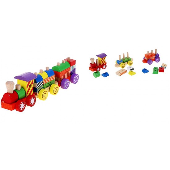 Trenulet haios colorat din lemn cu cuburi cu forme geometrice de tras - My First Train 