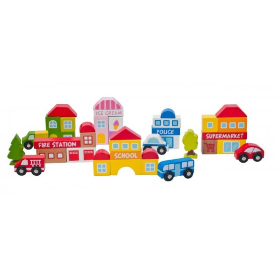 Railway City- Set Cuburi Oraselul Colorat cu Cladiri si Masinute