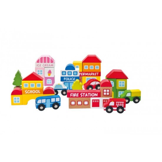 Railway City- Set Cuburi Oraselul Colorat cu Cladiri si Masinute