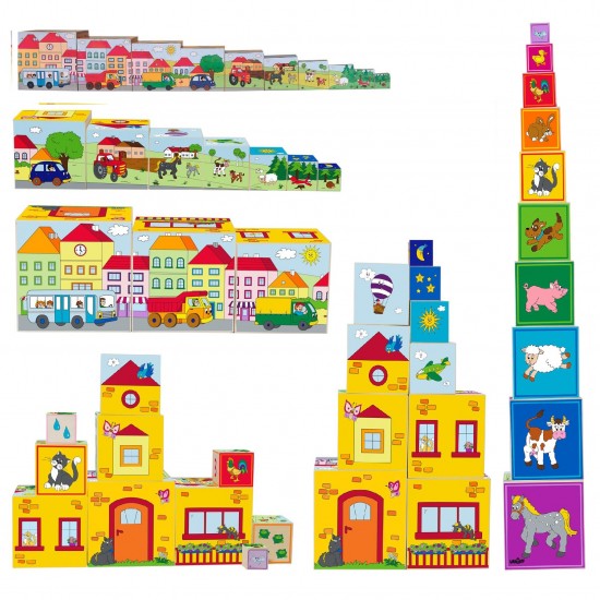Turn pliabil construibil Orasel Ferma din cuburi colorate cu diferite forme si teme