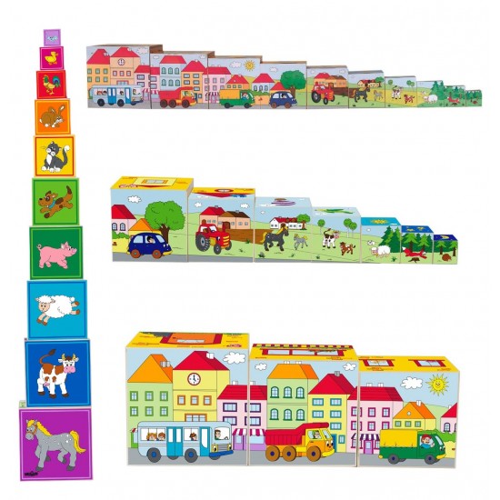 Turn pliabil construibil Orasel Ferma din cuburi colorate cu diferite forme si teme