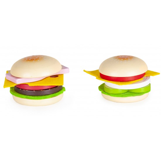 Hamburger de jucarie set 2 hamburgeri din lemn cu ingrediente - Kitchen Role Play