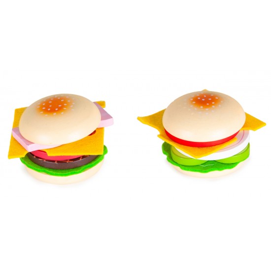 Hamburger de jucarie set 2 hamburgeri din lemn cu ingrediente - Kitchen Role Play